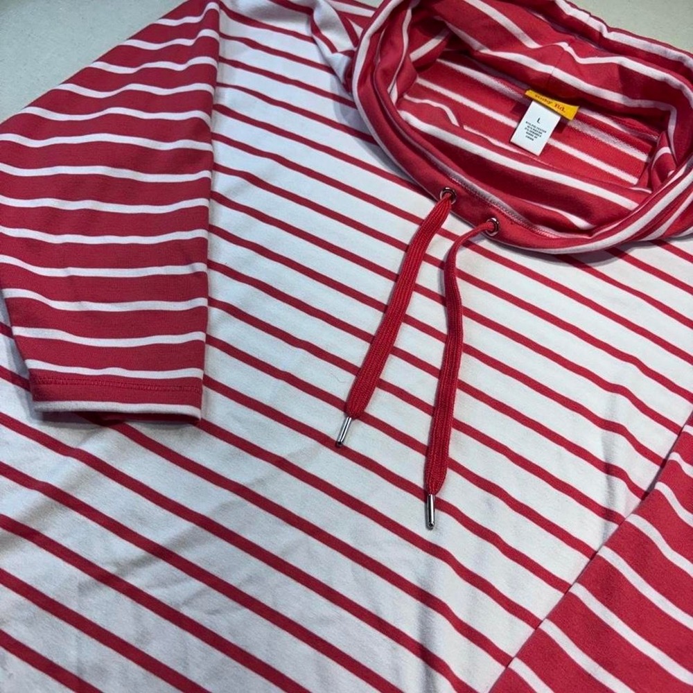 Ruby Rd. Cowl neck white/coral striped polyester & spandex hoodie in a L